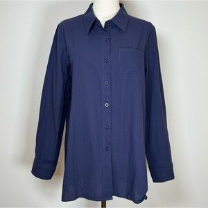 Cotton Long Sleeve Navy Button Front Wrinkle Free Shirt Women’s Size Medium